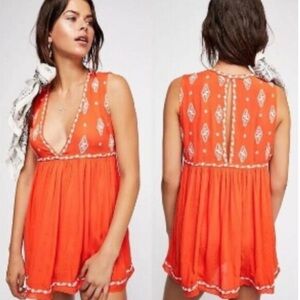 Free People Women’s Orange and White Deep V-Neck Embroidered Tunic Tank Top Sz S